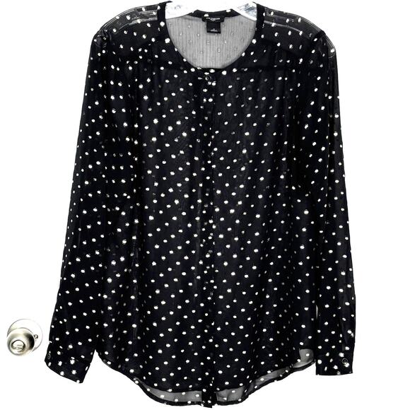 Ann Taylor Tops - Ann Taylor Wms M Black Gold Shimmer Dot Sheer Button Up LS Blouse Glam Social
